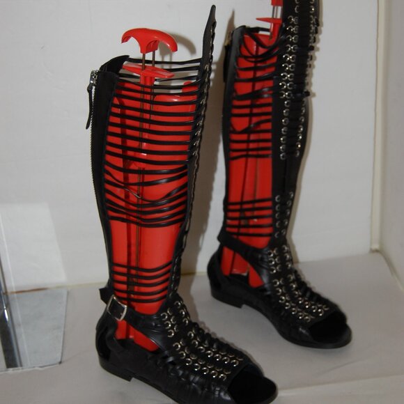 38/US8❤️ Diesel Black Gold Leather GLADIATOR Flat Heels Sandals Boots ITALY - Picture 5 of 12